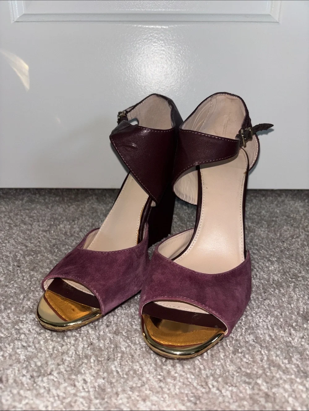 Victoria's Secret Suede Open-Toe Ankle-Strap Heels in Purple with Gold Accent